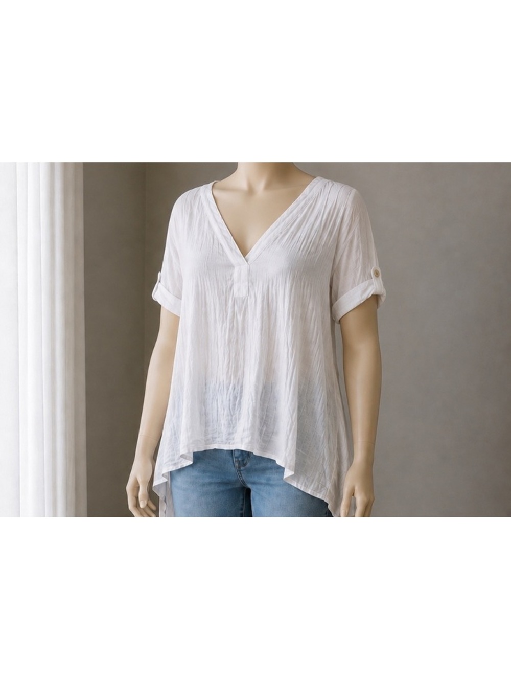 Jane + Delancey White Blouse Women’s Plus Size 2X Roll Tab Sleeve High Low Top